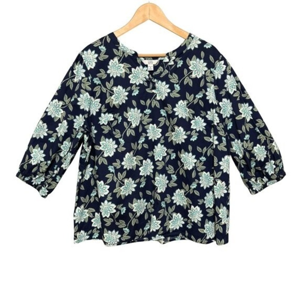 Croft & Barrow Womens 3/4 Sleeve Top Sz 1X Floral‎ Green V Neck Lightweight Boho